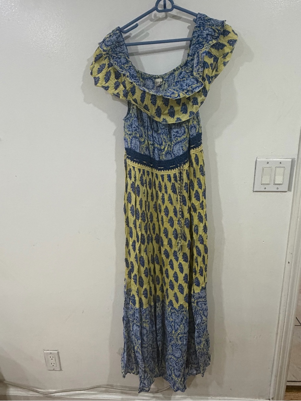 RAGA Yellow and Blue Boho Maxi Dress with Ruffle Neckline